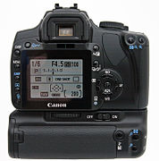 The 400D features a 2.5" TFT LCD (shown with optional battery grip)