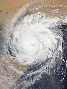 A satellite image of a weakening Extremely Severe Cyclonic Storm Chapala (04A) as it approaches the Yemeni coast on 2 November