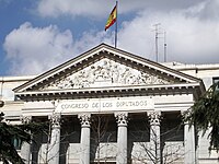 Partial view of the main façade of the Congress of Deputies in Madrid. Tympanum was sculpted in Carrara marble by Ponciano Ponzano in 1864.