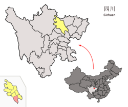 Location of Santai County (red) within Mianyang City (yellow) and Sichuan
