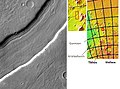 Reull Vallis with lineated floor deposits. Click on image to see relationship to other features. Floor deposits are believed to be formed from ice movement. Location is Hellas quadrangle.