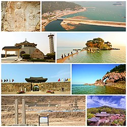 Left: Yonghyeon-ri Rock-carved triad buddha, Haemi Martyrs Shrine, Haemee Eupseong Fortress, Bowonsal Temple Ruin, Right: Samgilbo harbour, Ganworam Hermitage, Hwangguem mountain and cave, Gaesimsa Temple (all item from above to bottom)