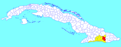 Songo - La Maya municipality (red) within Santiago Province (yellow) and Cuba