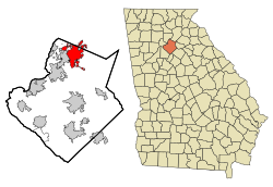 Location of Buford in Gwinnett County, Georgia (left) and of Gwinnett County in Georgia (right)