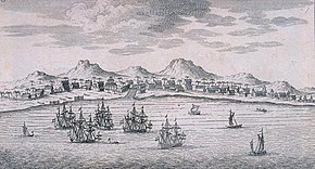 Sketch of Batavia, its harbor with ships, and hills in the background
