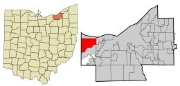 Location of Westlake in Ohio (left) and in Cuyahoga County, Ohio (right)