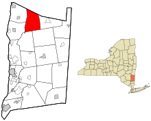 Left: Map of Dutchess County, New York with Milan highlighted. Right: Map of New York State with Dutchess County highlighted.
