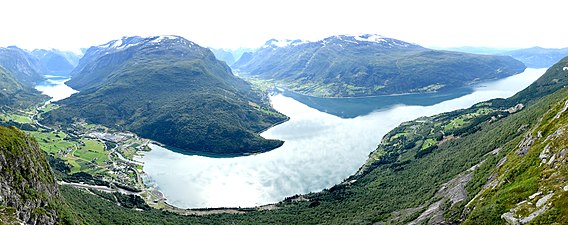 Panorama of the Nordfjord from the mountain Hoven. The lake Lovatnet can be seen in the left part of the image