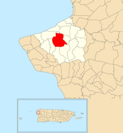 Location of Piedras Blancas within the municipality of Aguada shown in red