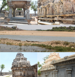 In the order from top left to bottom left, Vaidyanatheswara Swamy temple, Reliefs on the temple walls of Chennakesava Swamy, A panoramic view of Pushpagiri overlooking the river Penna, Indranatheswara Swamy temple, Trikuteswara Swamy temple