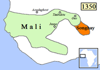 Approximate extent of the Mali Empire, next to the Songhai Empire, c. 1350