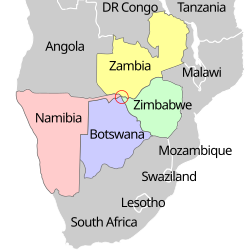☎∈ Map showing the Botswana-Namibia-Zambia-Zimbabwe quadripoint (circled).