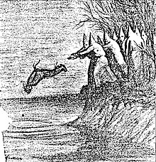 cartoon showing hooded men throwing a body into water