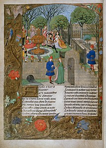 Fifteenth-century Illustration from the Roman de la Rose, a 13th-century French poem about a search for a red rose symbolizing the poet's love.