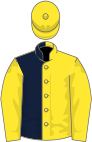 Yellow and dark blue (halved), yellow sleeves and cap