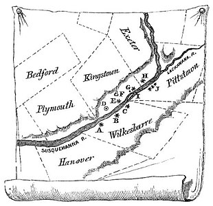 Wyoming Valley Forts: A-Fort Durkee, B-Fort Wyoming or Wilkesbarre, C-Fort Ogden, D-Kingston Village, E-Forty Fort, G-Battleground, H-Fort Jenkins, I-Monocasy Island, J-Pittstown stockades, G-Queen Esther's Rock[45]