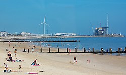 Beach and harbour at Lowestoft, the district's largest town.