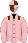 Pink, brown epaulets, pink sleeves, pink cap, brown quartered