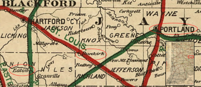 old map of Jay County, Indiana and adjacent area in Blackford County and Delaware County