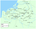 Image 21Southern part of the Low Countries with bishopry towns and abbeys c. 7th century. Abbeys were the onset to larger villages and even some towns to reshape the landscape. (from History of Belgium)