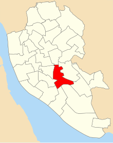 A map of the city of Liverpool showing 1980 council ward boundaries. Church ward is highlighted