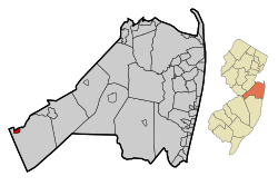 Location of Allentown in Monmouth County highlighted in red (left). Inset map: Location of Monmouth County in New Jersey highlighted in orange (right).