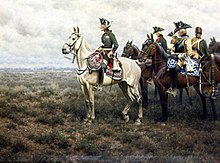 Painting of Frederick and Prussian officers on horseback before a battle