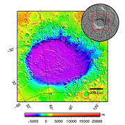Hellas Basin Area topography. Crater depth is 7152 m[75] (23,000 ft) below the standard topographic datum of Mars.