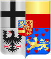 Arms of William VI of Orange as prince of Orange-Nassau-Fulda. The bottom most shield shows clockwise from top left the principality of Fulda, the lordship of Corvey, the county of Weingarten, and the lordship of Dortmund.[56]
