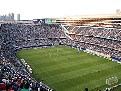 In-game action during a soccer match at Soldier Field, which is the home venue of the Chicago Bears (NFL) and Chicago Fire FC (MLS)