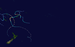 A map of the South Pacific Ocean depicting the tracks of the tropical cyclones in the 2007–08 South Pacific cyclone season.