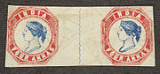 Two four anna stamps issued in 1854. Stamps were issued for the first time for all of British India in 1854. The lowest denomination was 1⁄2 anna blue, followed by 1 anna red, and 4 annas blue and red. The stamps were printed from lithographic stones at the Surveyor-General's Office in Calcutta.