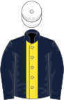Dark blue, yellow stripe, white cap
