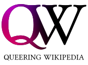 Queering Wikipedia wordmark, with the name underneath the letters QW coloured with a pink to purple to black gradient fill