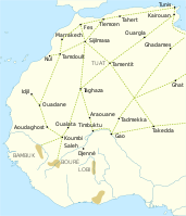 Trade routes of the western Saharan Desert c. 1000 – 1500 Goldfields are indicated by light brown shading.