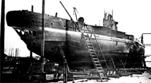 UB-45 at Varna in 1936. The mine damage that sank the U-boat during World War I is visible at right.