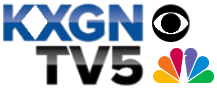 Two lines of text: "KXGN" in blue above "TV5" in black, both in a sans serif. The CBS and NBC logos are stacked, CBS above NBC, to the right of the text.