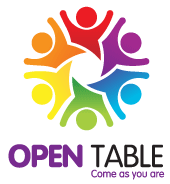 The logo shows a circle of six rainbow coloured figures, above the words "Open Table, Come as you are"