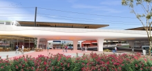 Concept design of station with elegant white bridge passing over spacious public plaza