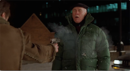 Down feathers bursting through a down jacket in Fargo (1996). The jacket was pre-scored on the shell and also cut from the inside to insert the squib.