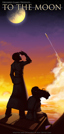 Neil Watts and Eva Rosalene are overlooking a sunset while a rocket in the distance is launched to the moon.