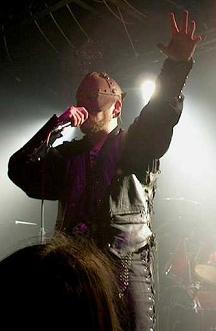 Byron Roberts of Bal-Sagoth on stage in Bradford, England, 2002.
