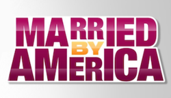 A logo for the American television series Married by America, featuring purple and orange letters over a white backdrop
