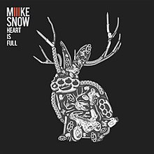 A single cover with a black background and a jackalope made up out of various items, including brass knuckles and chains, in the center, and the words 'Miike Snow' and 'Heart Is Full' written in the top left corner.