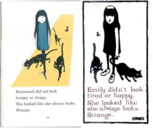 Both images feature a girl with dark long hair surrounded by black cats with two cats right next to them.