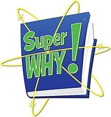 The series' logo. It features the words "Super WHY!" written in a green font, with the exclamation point being larger. A blue book with three yellow rings surrounding it is behind the words.