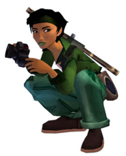 The rendered picture of a woman with dark hair and skin, carrying a camera, and wearing several pieces of green clothing