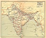 The trunk lines proposed by the Governor-General of India, Lord Dalhousie in his Railway minute of 1853 (shown in red on a 1908 railway map of India).