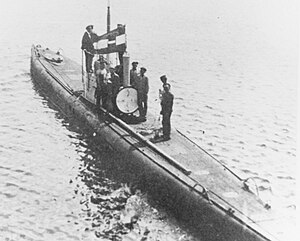 A submarine floats on the surface with its crew standing on the deck and conning tower. The naval ensign of Austria-Hungary can be seen flying from the submarine's conning tower and the main entry hatch of the ship is open.