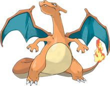 A bipedal orange dragon-like Pokémon with a cream underbelly stands facing the viewer. Its wing membranes are bluish green and it has a small fire on the tip of its tail. Its head is turned to the left and it is looking up toward the sky.